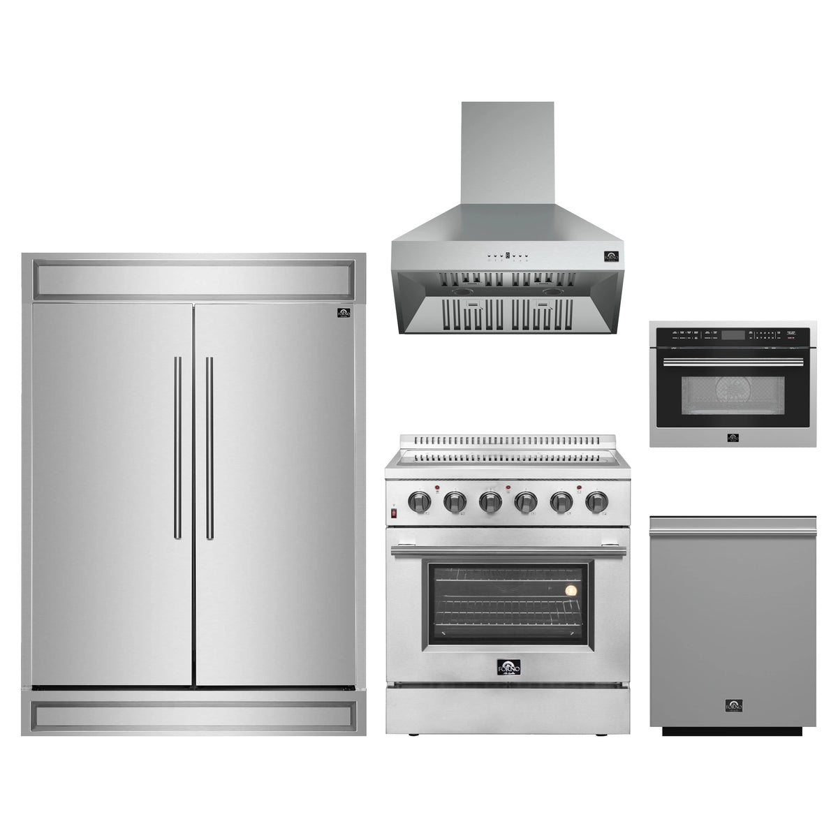 Forno 5-Piece Appliance Package - 30-Inch Electric Range, Wall Mount Range Hood, Pro-Style Refrigerator, Dishwasher, and 24-Inch Microwave Oven in Stainless Steel