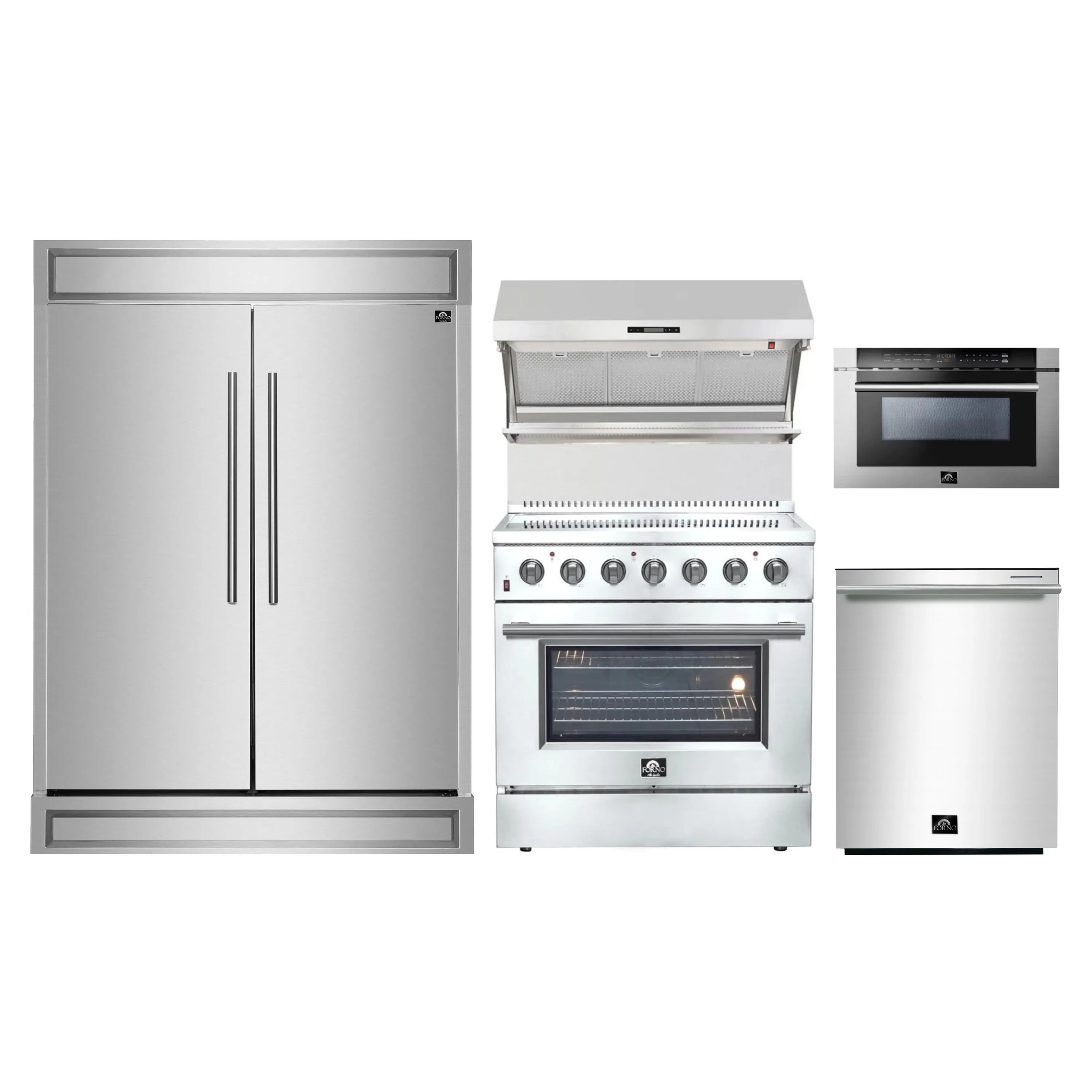 Stainless steel kitchen appliance package with refrigerator, range, hood, and microwave