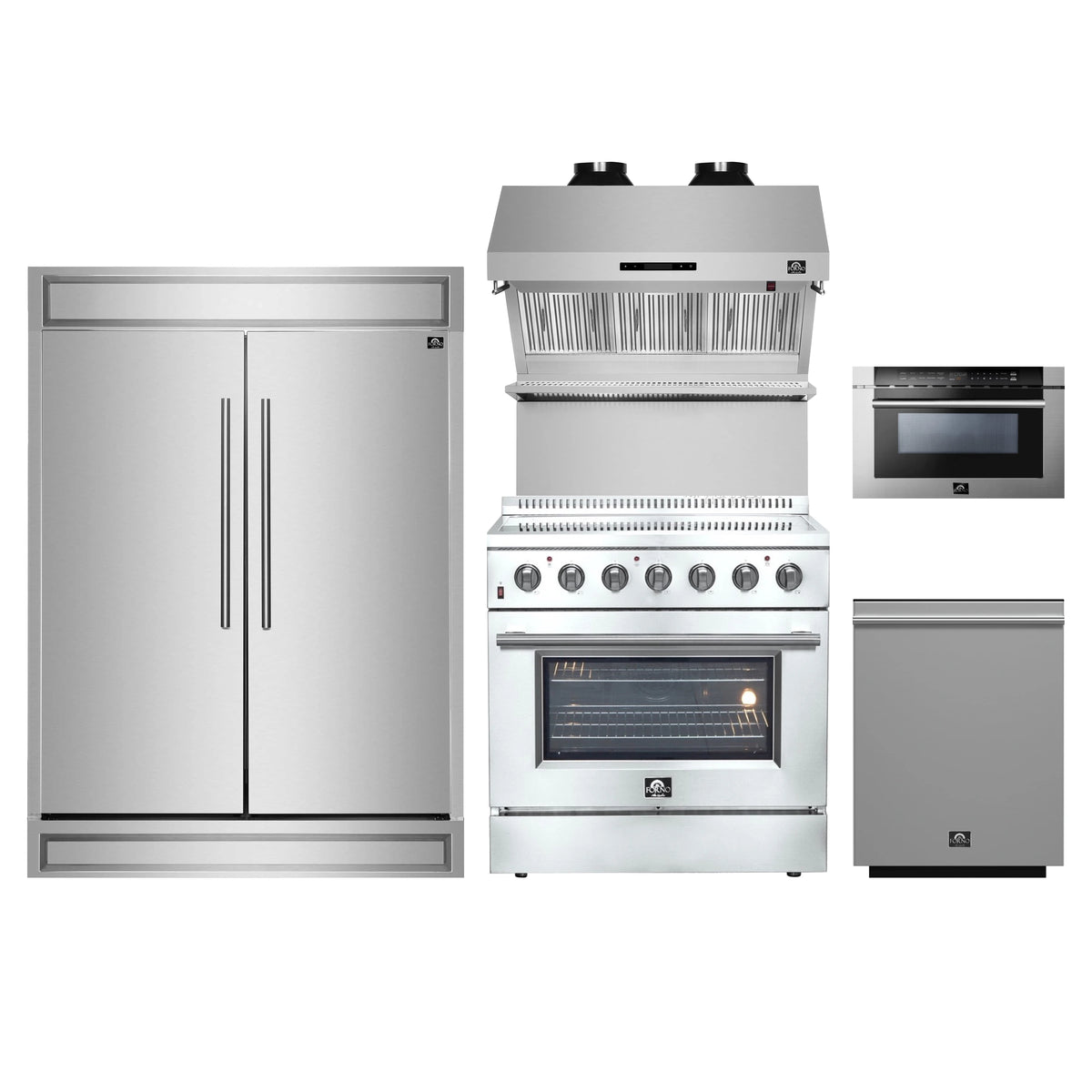 Forno 5-Piece Appliance Package - 36-Inch Electric Range, Wall Mount Range Hood with Backsplash, Pro-Style Refrigerator, Dishwasher, and 24-Inch Microwave Drawer in Stainless Steel
