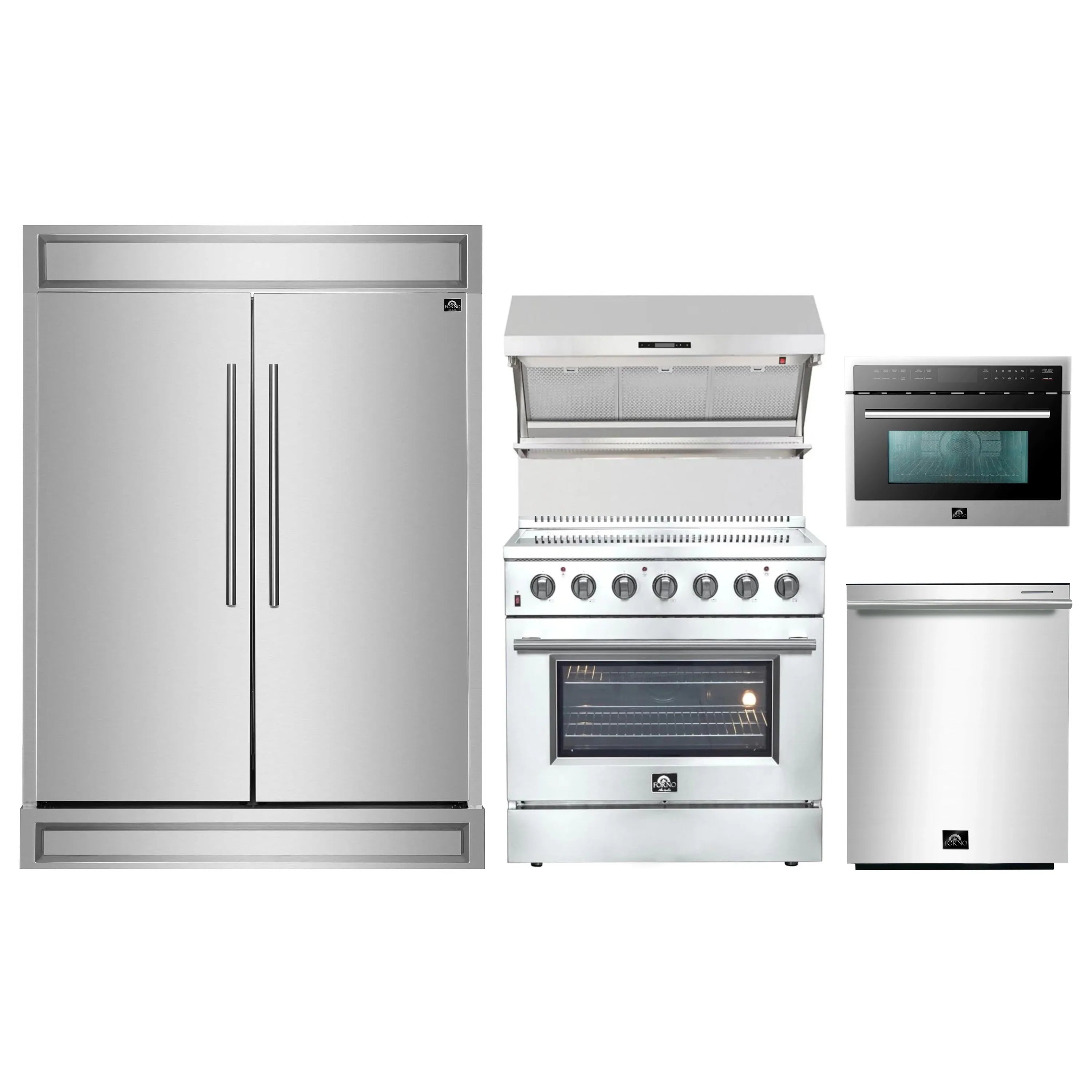 Stainless steel appliance set featuring refrigerator, range, oven, and microwave
