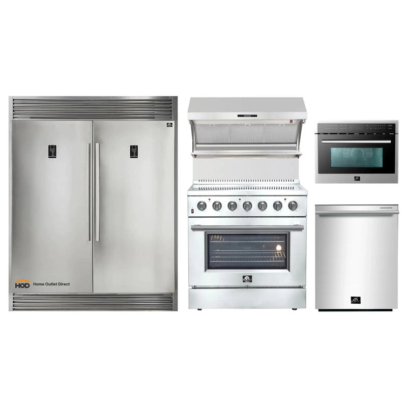 Forno 5-Piece Appliance Package - 36-Inch Electric Range, Wall Mount Range Hood with Backsplash, Pro-Style Refrigerator, Dishwasher, and Microwave Oven in Stainless Steel