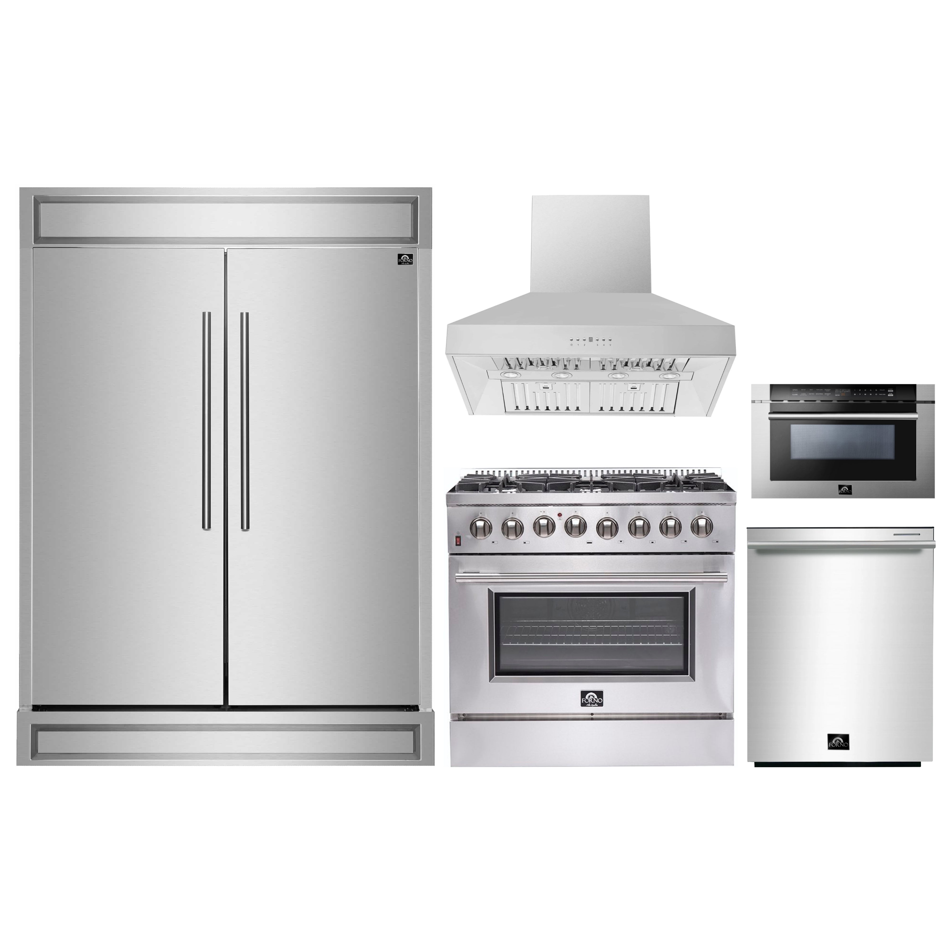 Stainless appliance package lineup with range, oven, microwave, refrigerator, and hood
