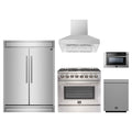 Forno 5-Piece Appliance Package - 36-Inch Dual Fuel Range, 60-Inch Pro-Style Refrigerator, Wall Mount Hood, 24-Inch Microwave Drawer, & 3-Rack Dishwasher in Stainless Steel