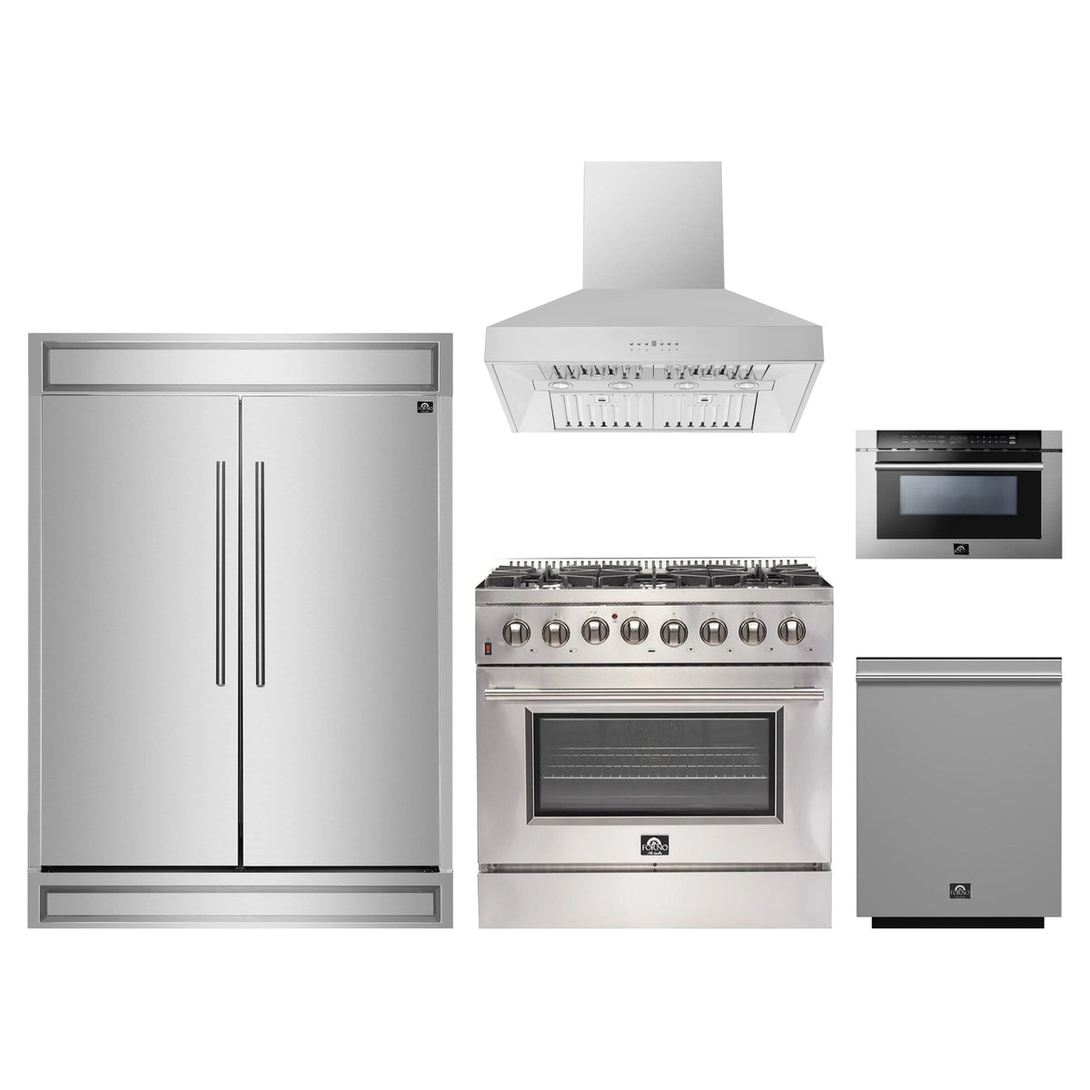 Forno 5-Piece Appliance Package - 36-Inch Dual Fuel Range, 60-Inch Pro-Style Refrigerator, Wall Mount Hood, 24-Inch Microwave Drawer, & 3-Rack Dishwasher in Stainless Steel