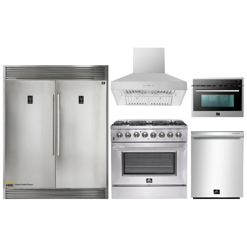 Forno 5-Piece Appliance Package - 36-Inch Dual Fuel Range, 60-Inch Pro-Style Refrigerator, Wall Mount Hood, Microwave Oven, & 3-Rack Dishwasher in Stainless Steel