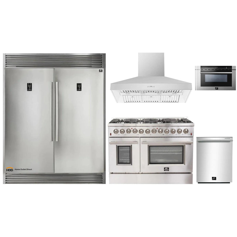 Forno 5-Piece Appliance Package - 48-Inch Dual Fuel Range, 60-Inch Pro-Style Refrigerator, Wall Mount Hood, Microwave Drawer, & 3-Rack Dishwasher in Stainless Steel