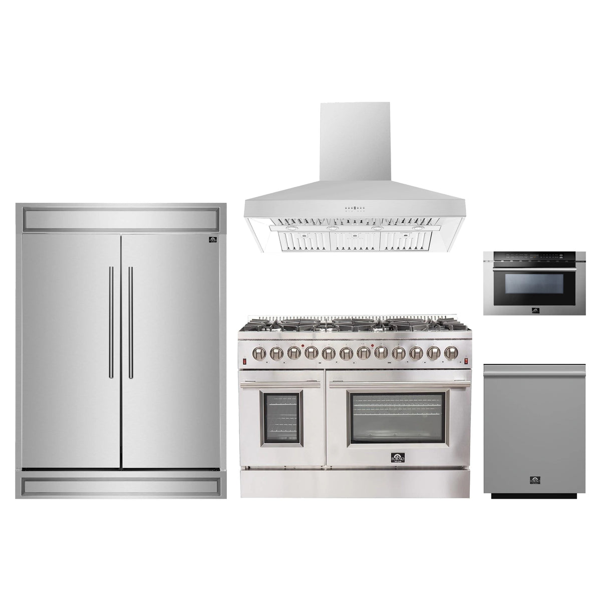 Forno 5-Piece Appliance Package - 48-Inch Dual Fuel Range, 60-Inch Pro-Style Refrigerator, Wall Mount Hood, 24-Inch Microwave Drawer, & 3-Rack Dishwasher in Stainless Steel