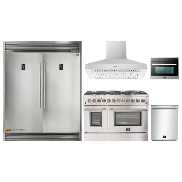 Forno 5-Piece Appliance Package - 48-Inch Dual Fuel Range, 60-Inch Pro-Style Refrigerator, Wall Mount Hood, Microwave Oven, & 3-Rack Dishwasher in Stainless Steel