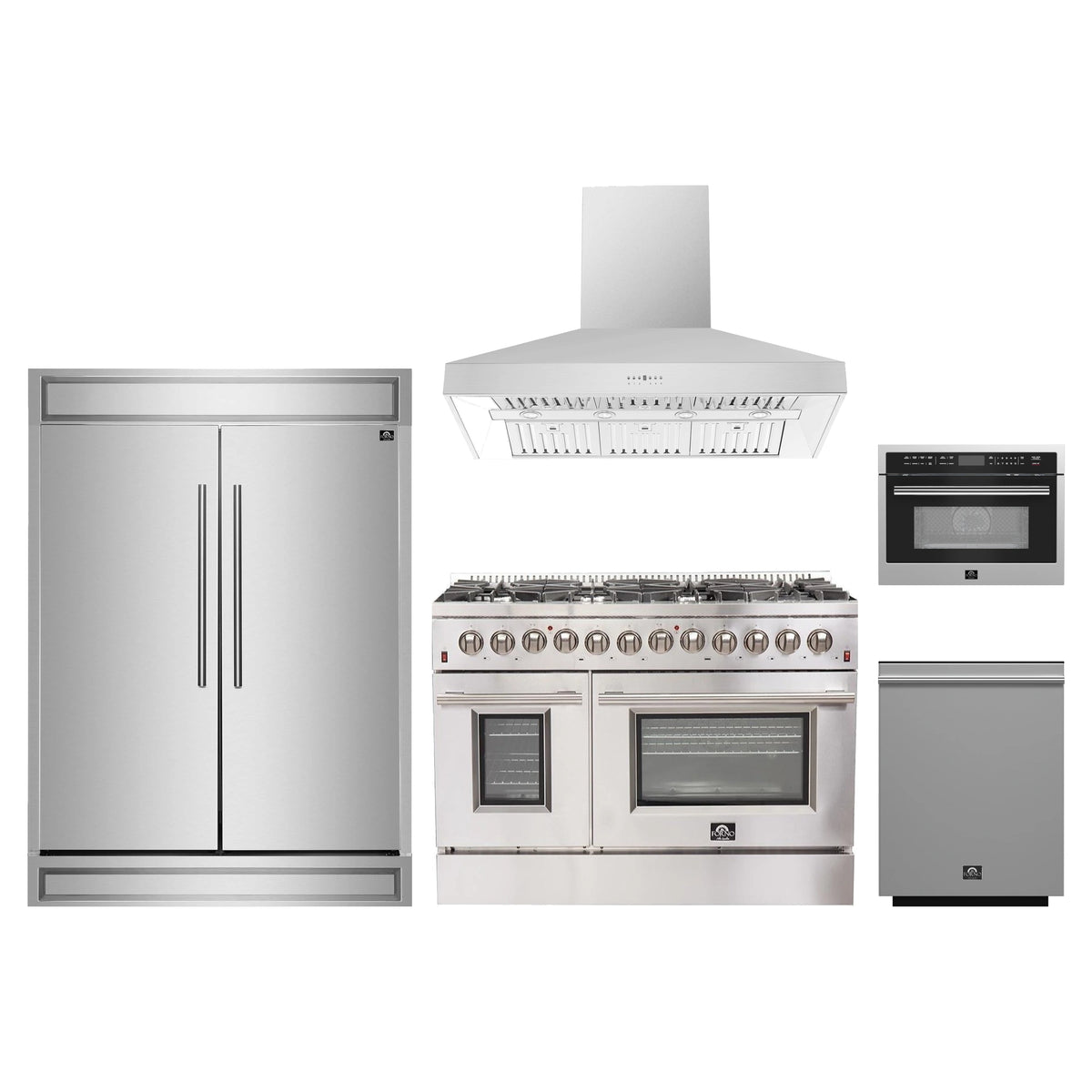 Forno 5-Piece Appliance Package - 48-Inch Dual Fuel Range, 60-Inch Pro-Style Refrigerator, Wall Mount Hood, 24-Inch Microwave Oven, & 3-Rack Dishwasher in Stainless Steel