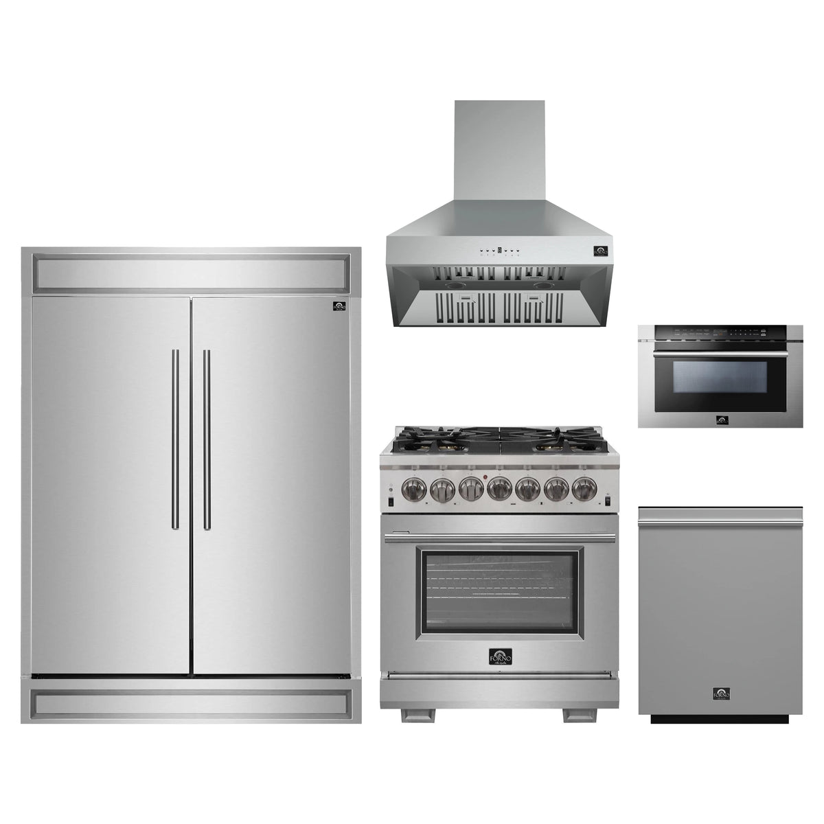 Forno 5-Piece Pro Appliance Package - 30-Inch Dual Fuel Range, 60-Inch Pro-Style Refrigerator, Wall Mount Hood, 24-Inch Microwave Drawer, & 3-Rack Dishwasher in Stainless Steel