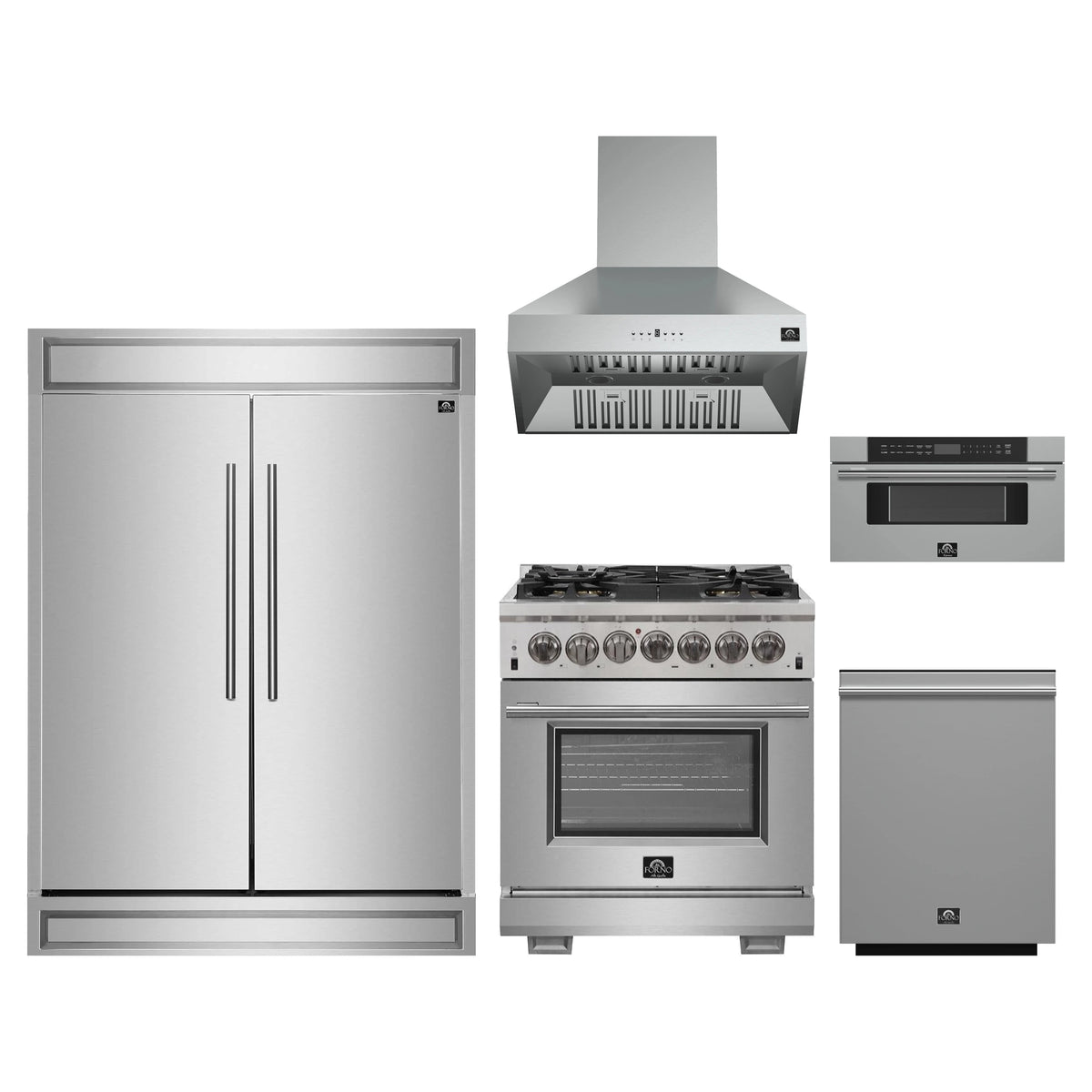 Forno 5-Piece Pro Appliance Package - 30-Inch Dual Fuel Range, 60-Inch Pro-Style Refrigerator, Wall Mount Hood, 30-Inch Microwave Drawer, & 3-Rack Dishwasher in Stainless Steel