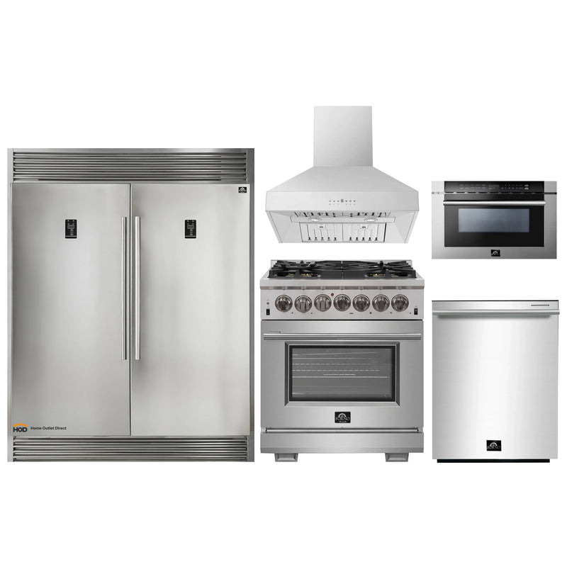 Forno 5-Piece Pro Appliance Package - 30-Inch Dual Fuel Range, 60-Inch Pro-Style Refrigerator, Wall Mount Hood, Microwave Drawer, & 3-Rack Dishwasher in Stainless Steel