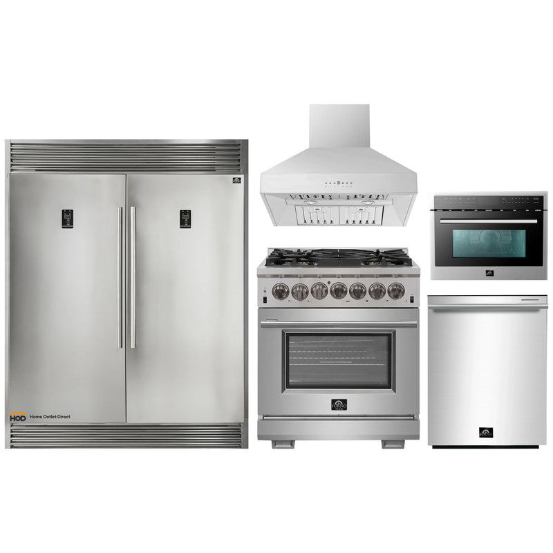 Forno 5-Piece Pro Appliance Package - 30-Inch Dual Fuel Range, 56-Inch Pro-Style Refrigerator, Wall Mount Hood, Microwave Oven, & 3-Rack Dishwasher in Stainless Steel