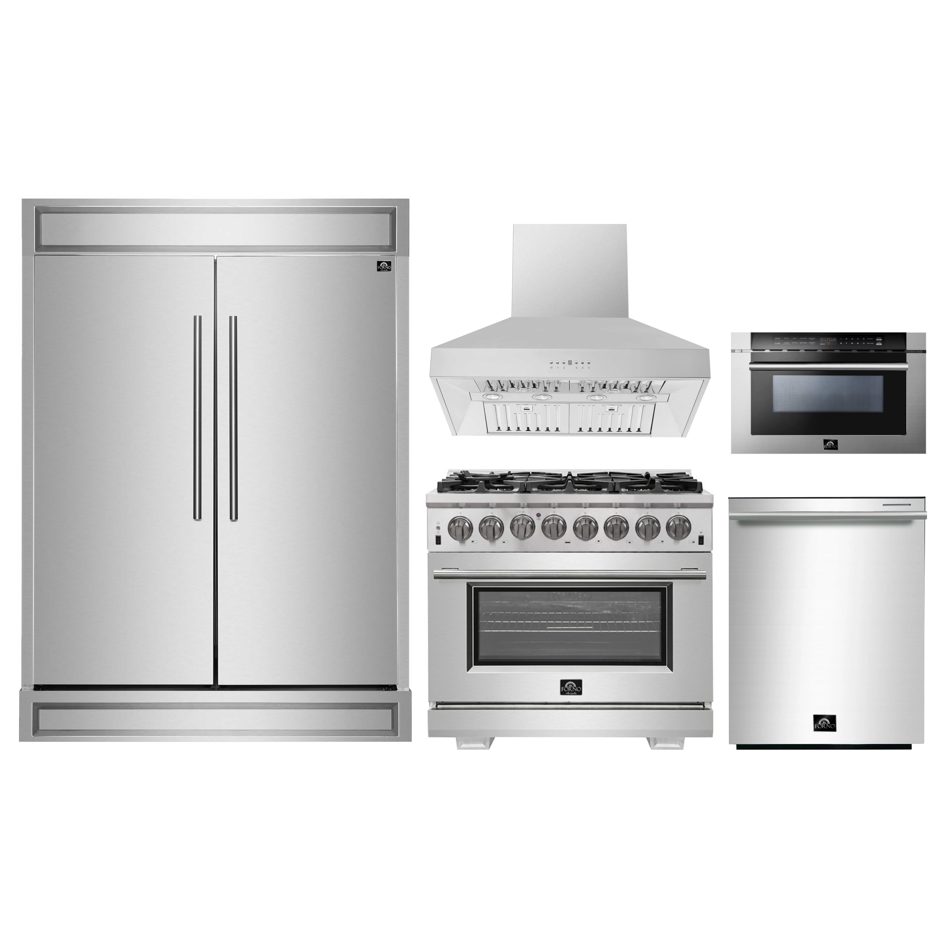 Stainless steel appliance set with refrigerator, range, wall hood, and oven