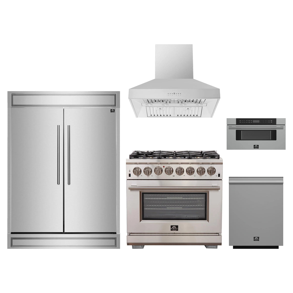 Forno 5-Piece Pro Appliance Package - 36-Inch Dual Fuel Range, 60-Inch Pro-Style Refrigerator, Wall Mount Hood, 30-Inch Microwave Drawer, & 3-Rack Dishwasher in Stainless Steel