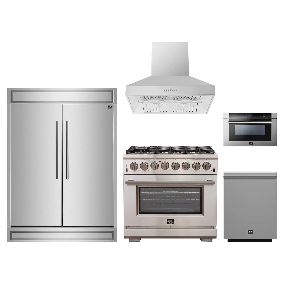 Forno 5-Piece Pro Appliance Package - 36-Inch Dual Fuel Range, 60-Inch Pro-Style Refrigerator, Wall Mount Hood, 24-Inch Microwave Drawer, & 3-Rack Dishwasher in Stainless Steel