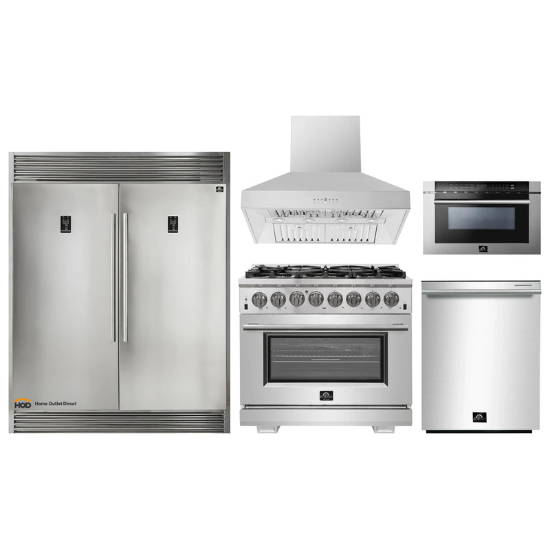 Forno 5-Piece Pro Appliance Package - 36-Inch Dual Fuel Range, 60-Inch Pro-Style Refrigerator, Wall Mount Hood, Microwave Drawer, & 3-Rack Dishwasher in Stainless Steel