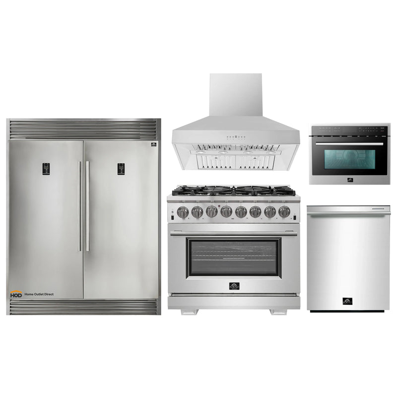 Forno 5-Piece Pro Appliance Package - 36-Inch Dual Fuel Range, 60-Inch Pro-Style Refrigerator, Wall Mount Hood, Microwave Oven, & 3-Rack Dishwasher in Stainless Steel