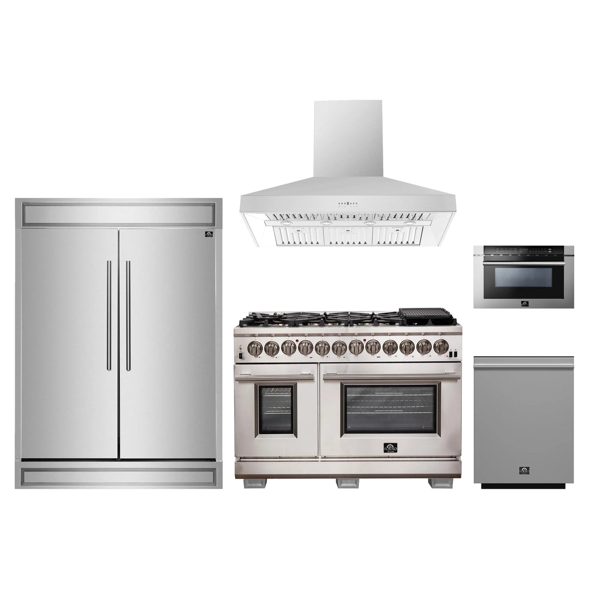 Forno 5-Piece Pro Appliance Package - 48-Inch Dual Fuel Range, 60-Inch Pro-Style Refrigerator, Wall Mount Hood, 24-Inch Microwave Drawer, & 3-Rack Dishwasher in Stainless Steel