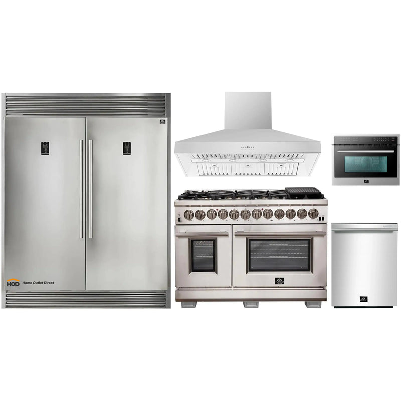 Forno 5-Piece Pro Appliance Package - 48-Inch Dual Fuel Range, 60-Inch Pro-Style Refrigerator, Wall Mount Hood, Microwave Oven, & 3-Rack Dishwasher in Stainless Steel