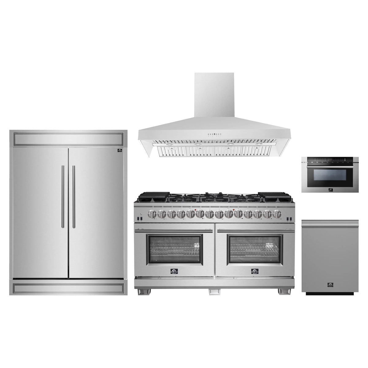 Forno 5-Piece Pro Appliance Package - 60-Inch Dual Fuel Range, 60-Inch Pro-Style Refrigerator, Wall Mount Hood, 24-Inch Microwave Drawer, & 3-Rack Dishwasher in Stainless Steel