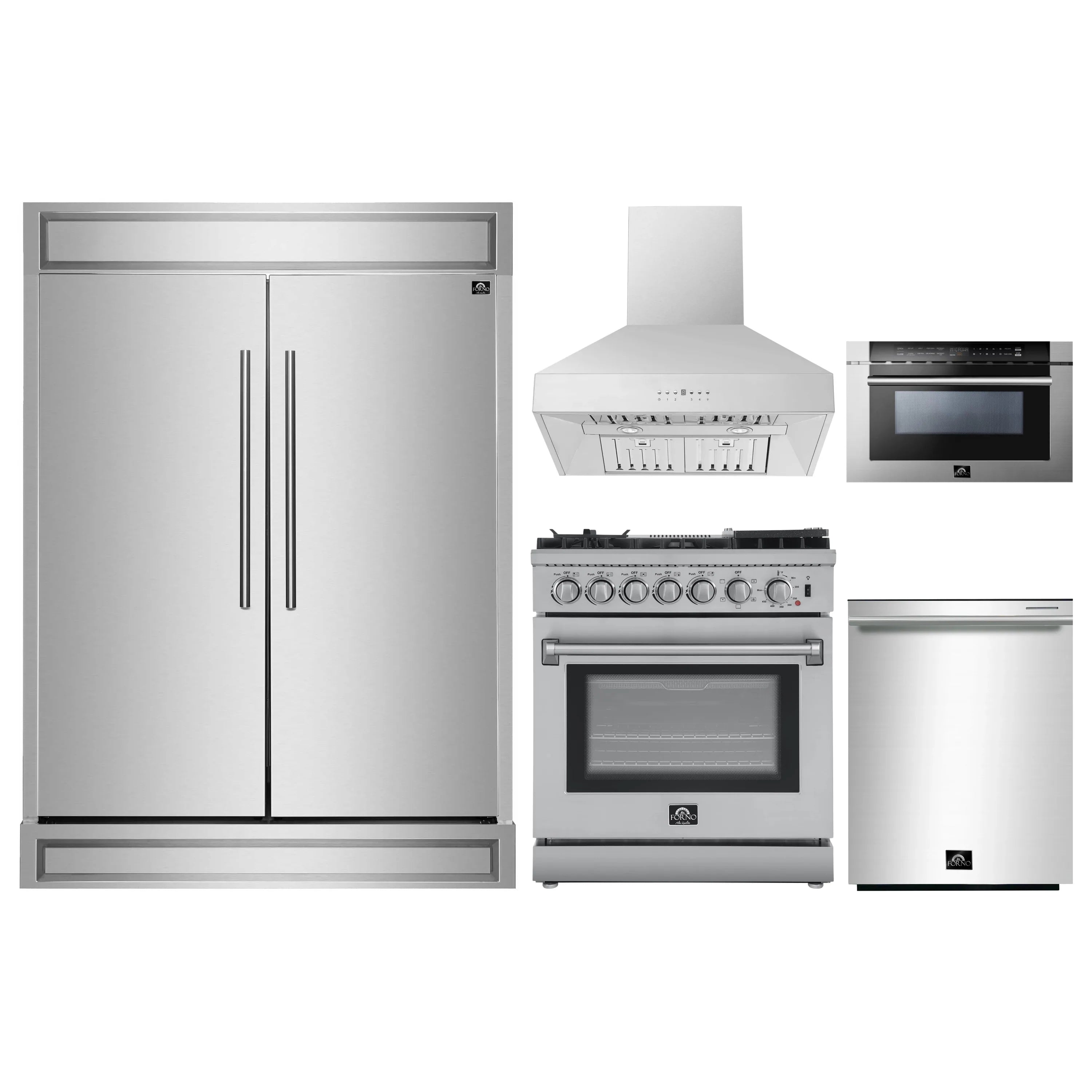 Stainless steel kitchen appliance set with refrigerator, oven range, hood, and microwave