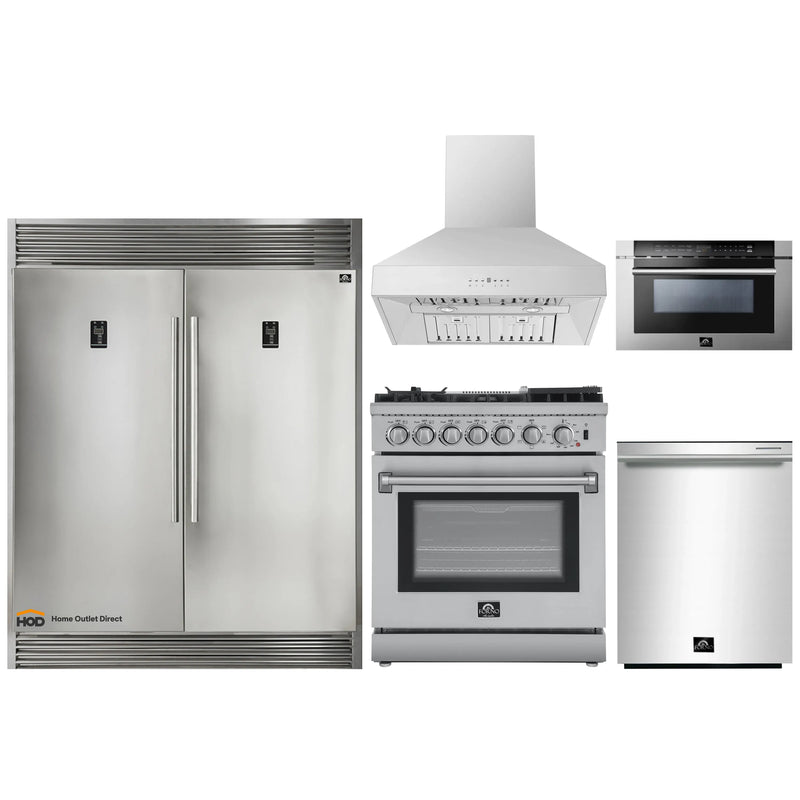 Forno 5-Piece Appliance Package - 30-Inch Dual Fuel Range with Air Fryer, 60-Inch Pro-Style Refrigerator, Wall Mount Hood, Microwave Drawer, & 3-Rack Dishwasher in Stainless Steel