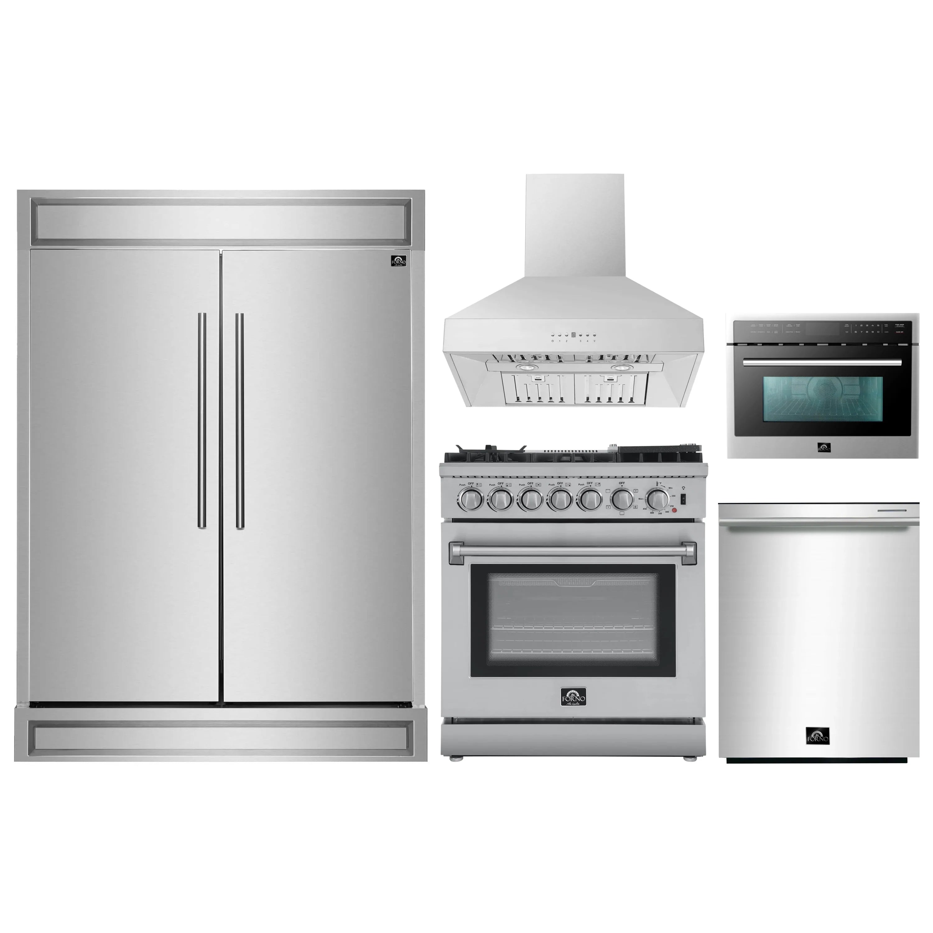 Stainless steel kitchen appliance package with refrigerator, range, hood, microwave, and dishwasher