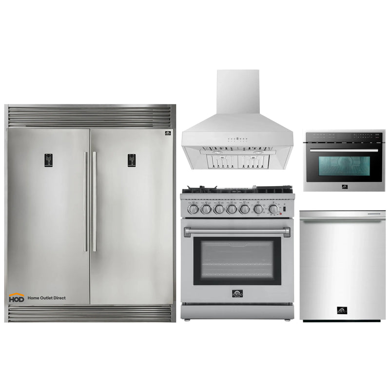 Forno 5-Piece Appliance Package - 30-Inch Dual Fuel Range with Air Fryer, 60-Inch Pro-Style Refrigerator, Wall Mount Hood, Microwave Oven, & 3-Rack Dishwasher in Stainless Steel