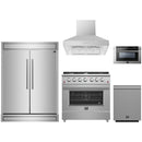 Forno 5-Piece Appliance Package - 36-Inch Gas Range, 60-Inch Pro-Style Refrigerator, Wall Mount Hood, 24-Inch Microwave Drawer, & 3-Rack Dishwasher in Stainless Steel