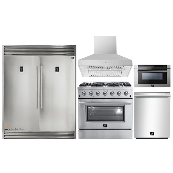 Forno 5-Piece Appliance Package - 36-Inch Gas Range, 60-Inch Pro-Style Refrigerator, Wall Mount Hood, Microwave Drawer, & 3-Rack Dishwasher in Stainless Steel