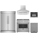 Forno 5-Piece Appliance Package - 36-Inch Gas Range, 60-Inch Pro-Style Refrigerator, Wall Mount Hood, 24-Inch Microwave Oven, & 3-Rack Dishwasher in Stainless Steel