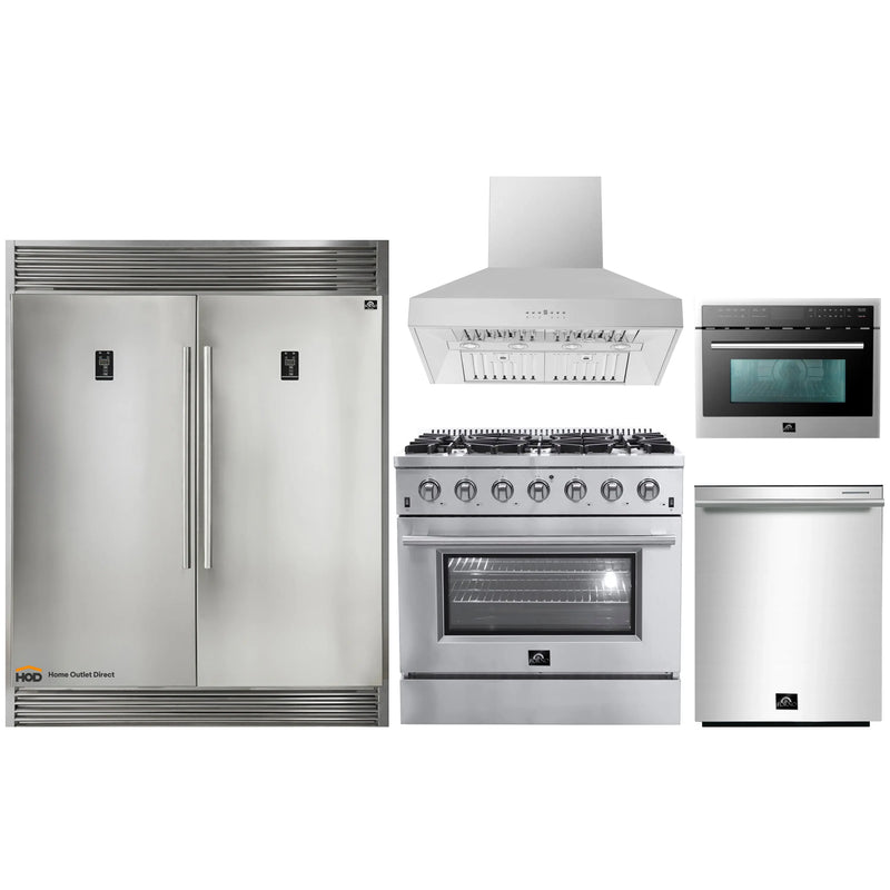 Forno 5-Piece Appliance Package - 36-Inch Gas Range, 56-Inch Pro-Style Refrigerator, Wall Mount Hood, Microwave Oven, & 3-Rack Dishwasher in Stainless Steel