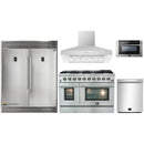 Forno 5-Piece Appliance Package - 48-Inch Gas Range, 60-Inch Pro-Style Refrigerator, Wall Mount Hood, 24-Inch Microwave Drawer, & 3-Rack Dishwasher in Stainless Steel