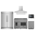 Forno 5-Piece Appliance Package - 48-Inch Gas Range, 60-Inch Pro-Style Refrigerator, Wall Mount Hood, 24-Inch Microwave Drawer, & 3-Rack Dishwasher in Stainless Steel