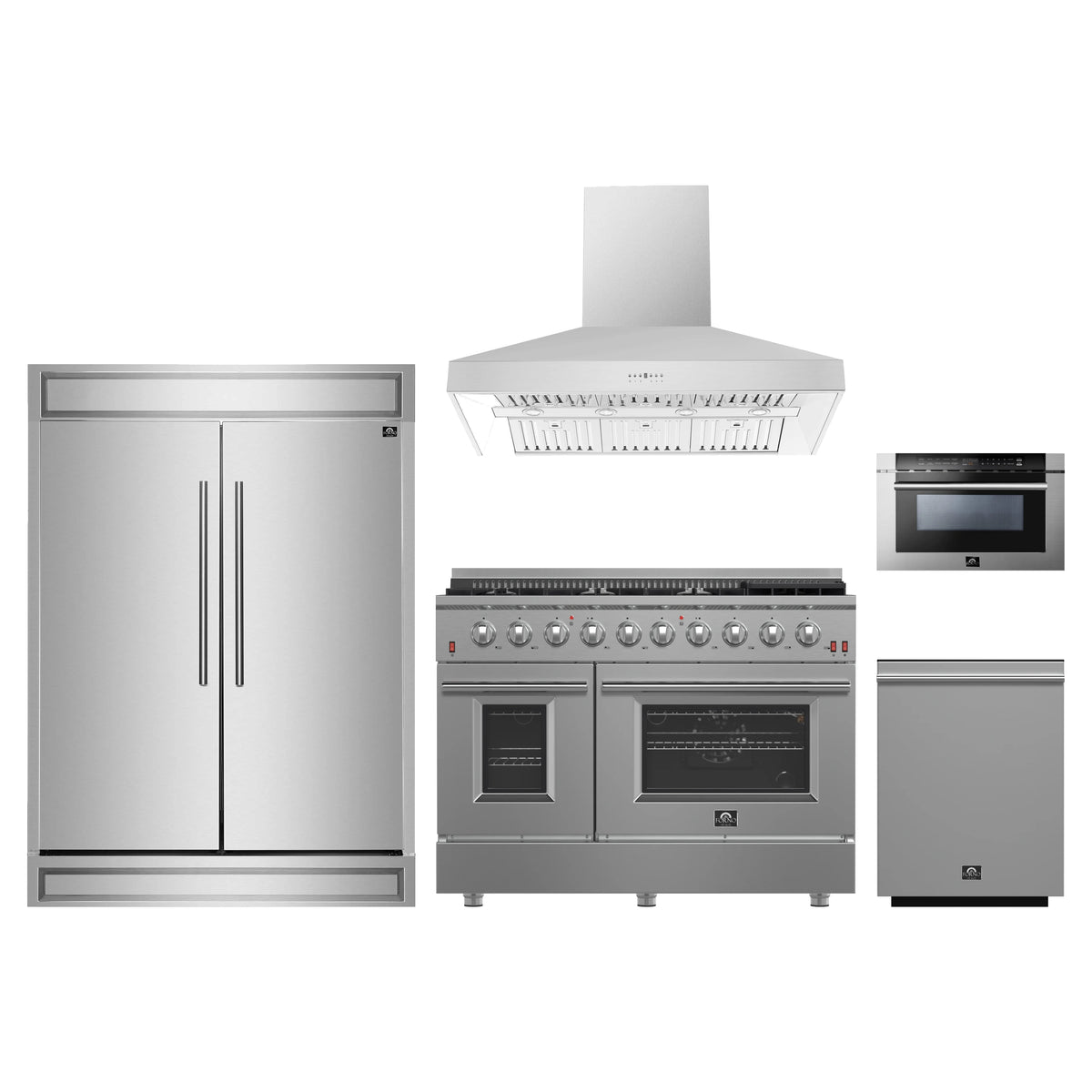 Forno 5-Piece Appliance Package - 48-Inch Gas Range, 60-Inch Pro-Style Refrigerator, Wall Mount Hood, 24-Inch Microwave Drawer, & 3-Rack Dishwasher in Stainless Steel