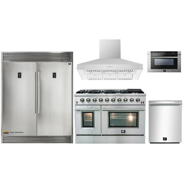 Forno 5-Piece Appliance Package - 48-Inch Gas Range, 60-Inch Pro-Style Refrigerator, Wall Mount Hood, Microwave Drawer, & 3-Rack Dishwasher in Stainless Steel