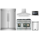 Forno 5-Piece Appliance Package - 48-Inch Gas Range, 60-Inch Pro-Style Refrigerator, Wall Mount Hood, 24-Inch Microwave Drawer, & 3-Rack Dishwasher in Stainless Steel