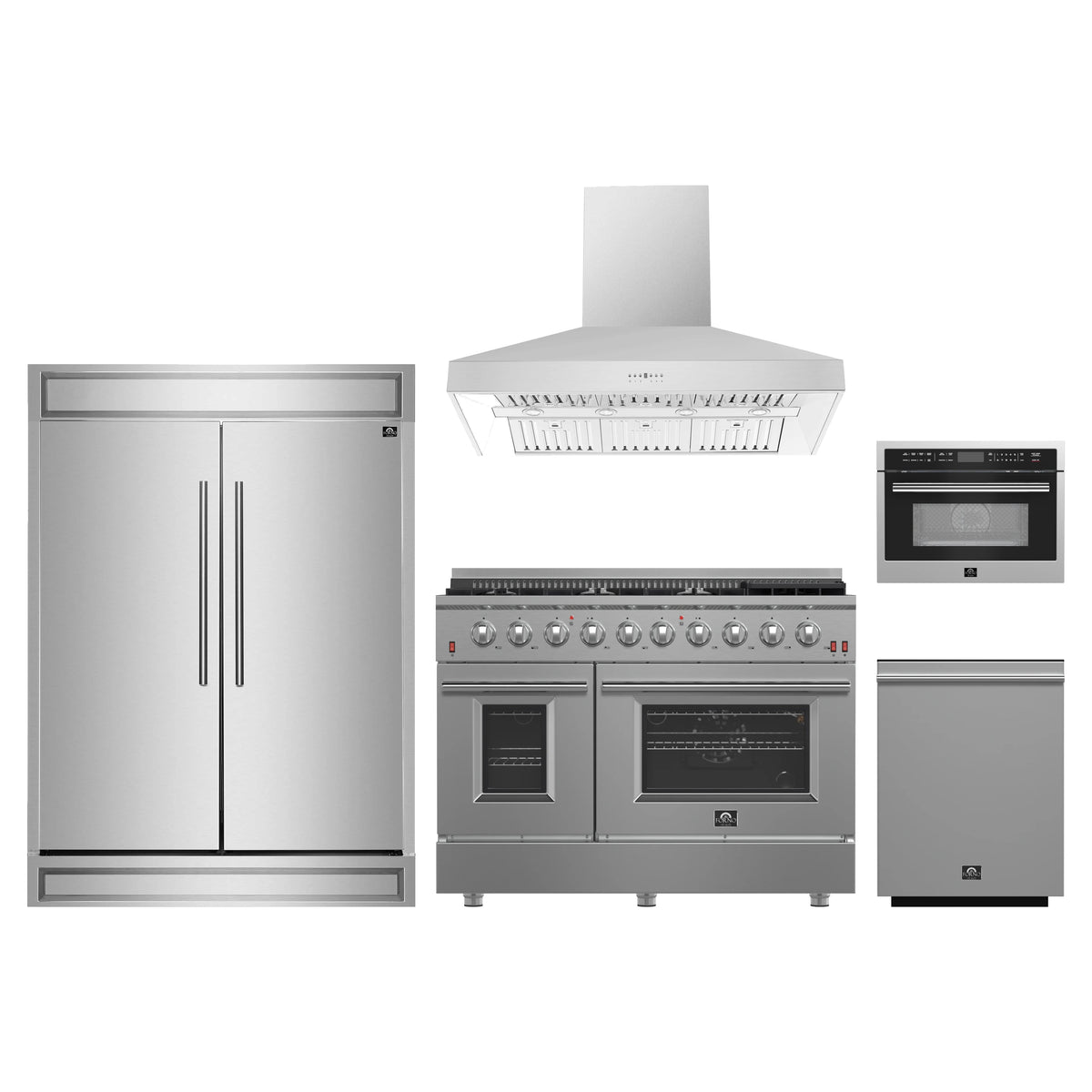 Forno 5-Piece Appliance Package - 48-Inch Gas Range, 60-Inch Pro-Style Refrigerator, Wall Mount Hood, 24-Inch Microwave Oven, & 3-Rack Dishwasher in Stainless Steel