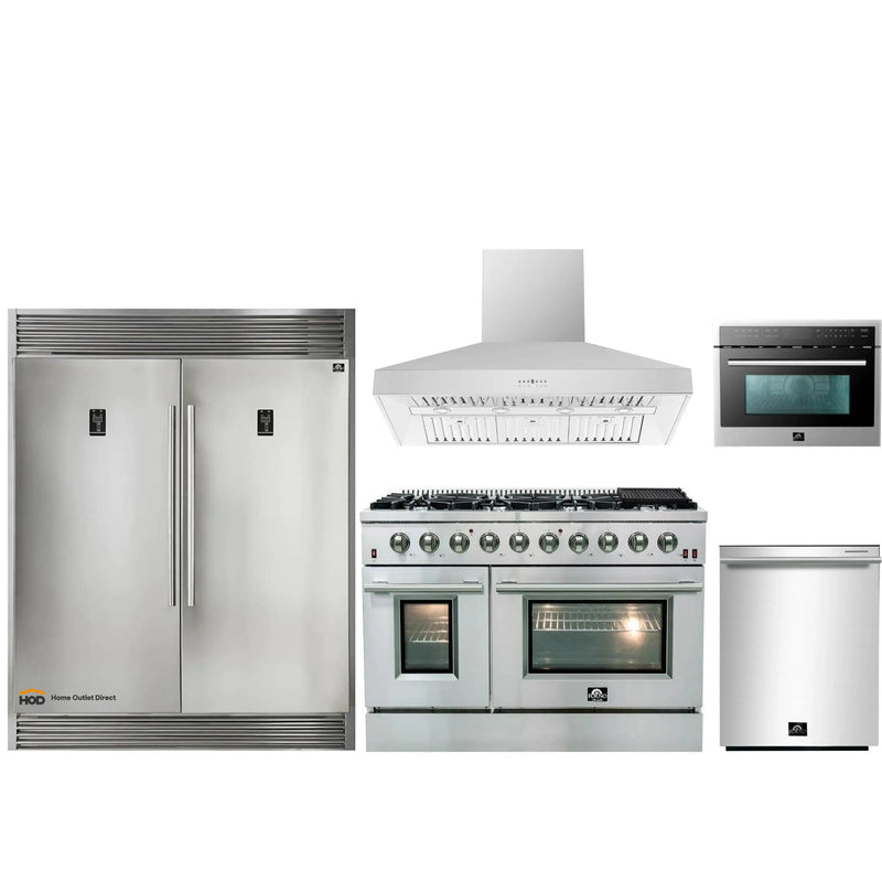 Forno 5-Piece Appliance Package - 48-Inch Gas Range, 60-Inch Pro-Style Refrigerator, Wall Mount Hood, 24-Inch Microwave Oven, & 3-Rack Dishwasher in Stainless Steel