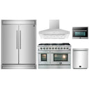 Forno 5-Piece Appliance Package - 48-Inch Gas Range, 60-Inch Pro-Style Refrigerator, Wall Mount Hood, 24-Inch Microwave Oven, & 3-Rack Dishwasher in Stainless Steel