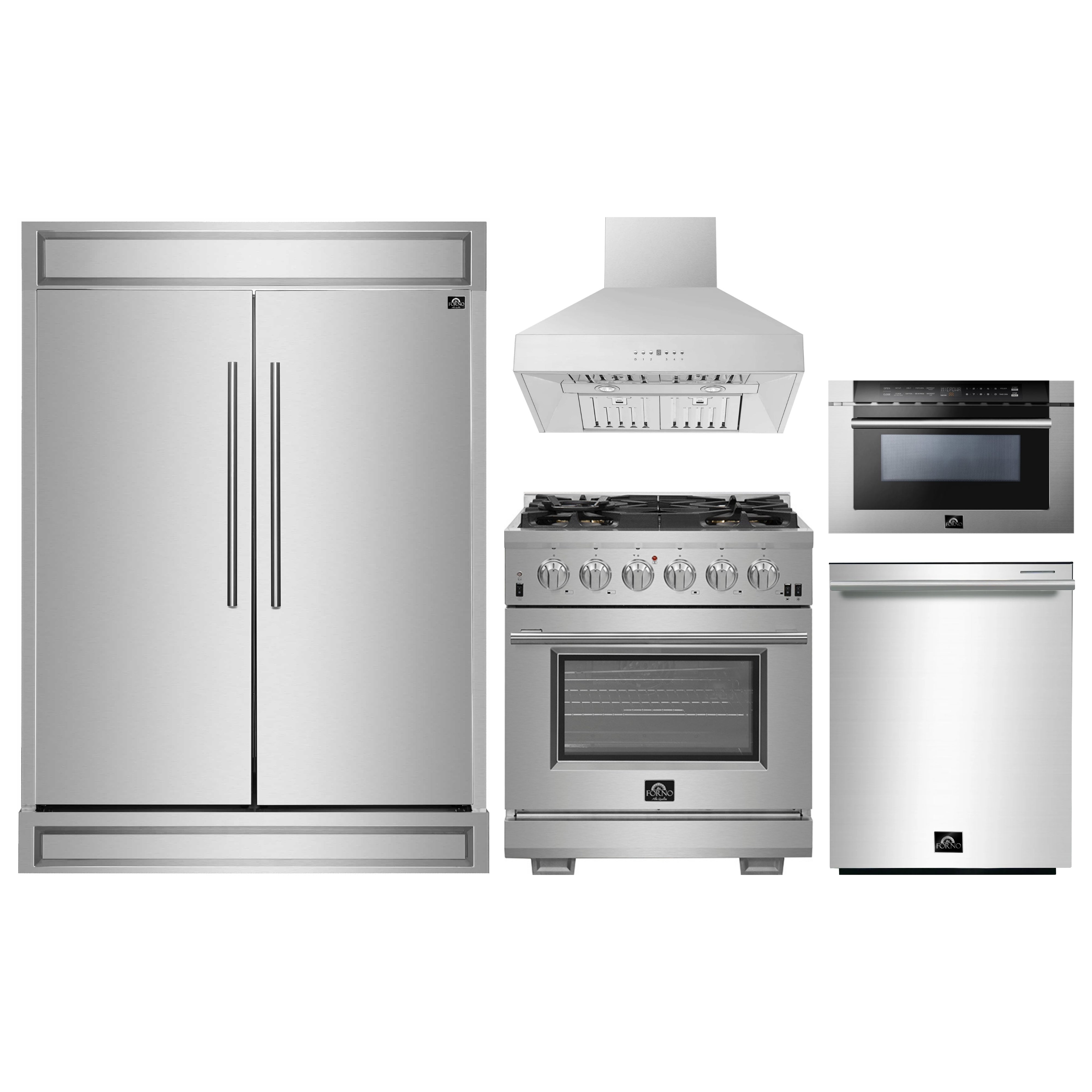 Stainless steel refrigerator, gas range, wall hood, microwave drawer, dishwasher