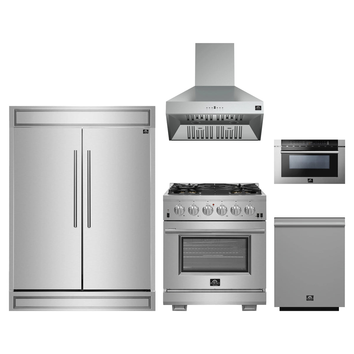 Forno 5-Piece Pro Appliance Package - 30-Inch Gas Range, 60-Inch Pro-Style Refrigerator, Wall Mount Hood, 24-Inch Microwave Drawer, & 3-Rack Dishwasher in Stainless Steel