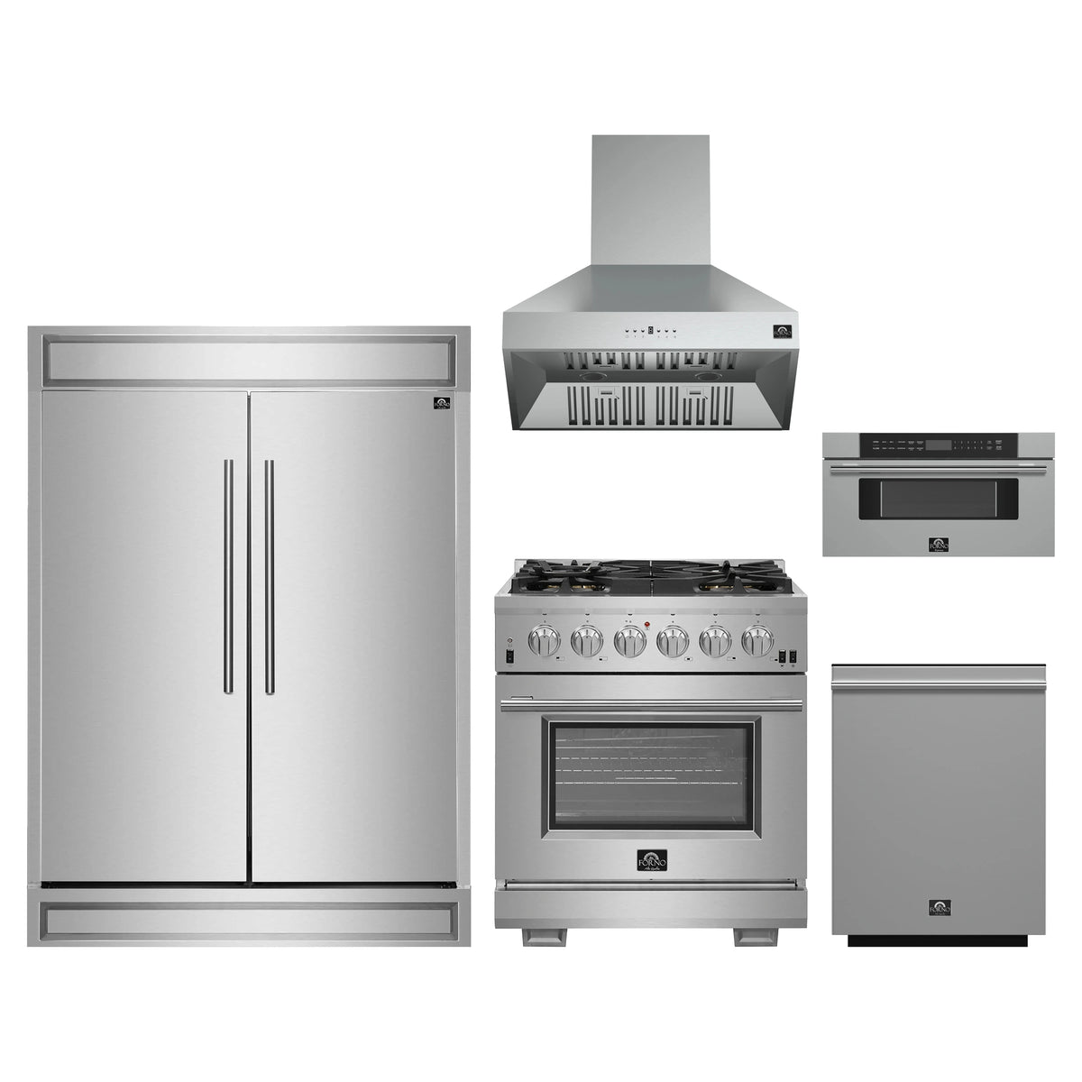 Forno 5-Piece Pro Appliance Package - 30-Inch Gas Range, 60-Inch Pro-Style Refrigerator, Wall Mount Hood, 30-Inch Microwave Drawer, & 3-Rack Dishwasher in Stainless Steel