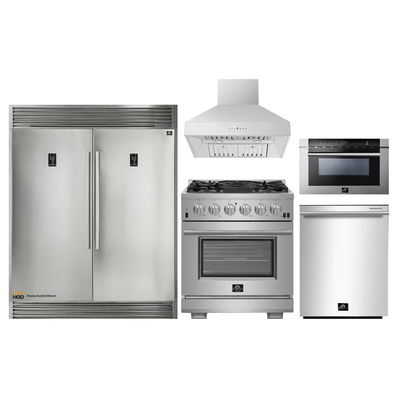 Forno 5-Piece Pro Appliance Package - 30-Inch Gas Range, 60-Inch Pro-Style Refrigerator, Wall Mount Hood, Microwave Drawer, & 3-Rack Dishwasher in Stainless Steel