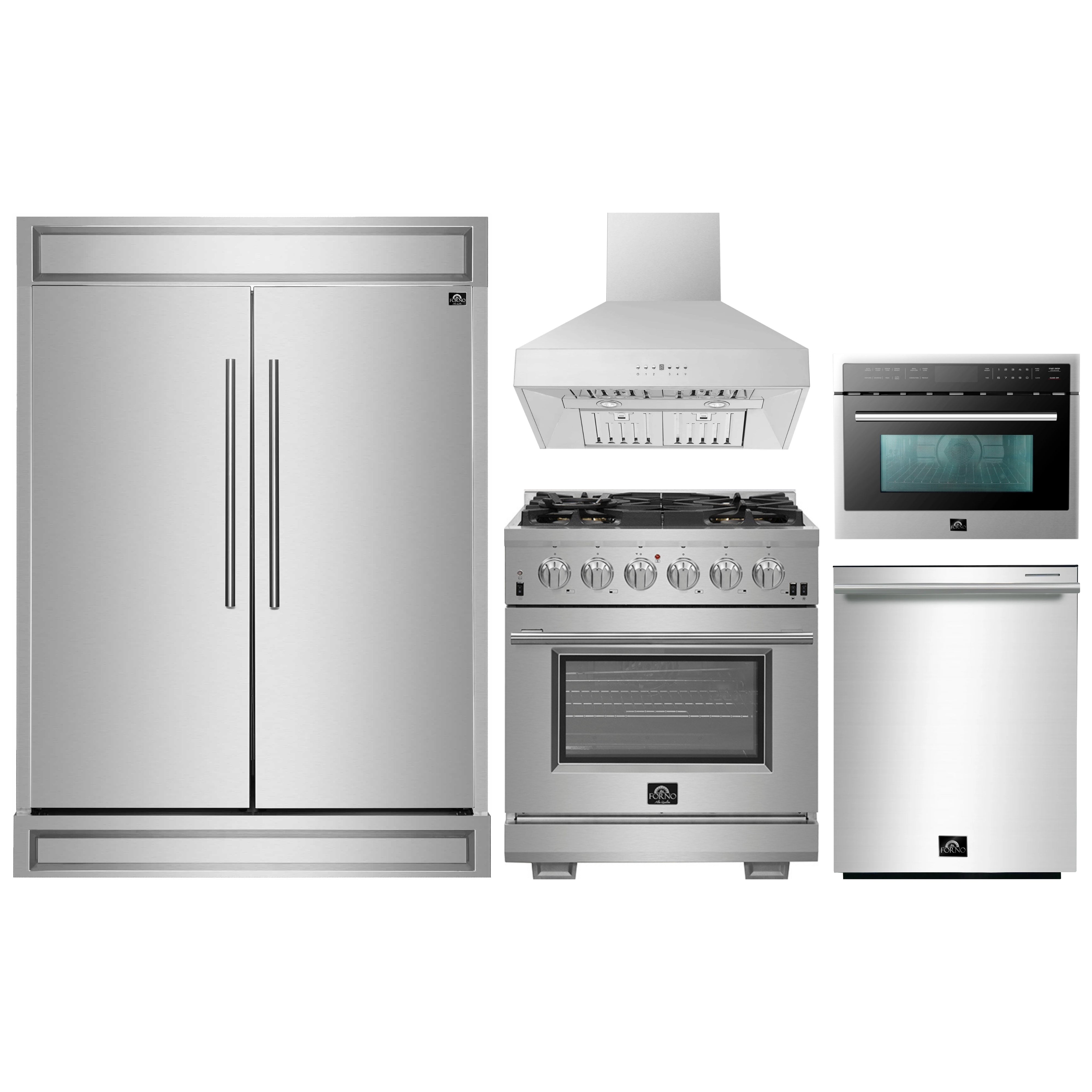 Stainless kitchen appliance package: refrigerator, gas range, wall hood, microwave