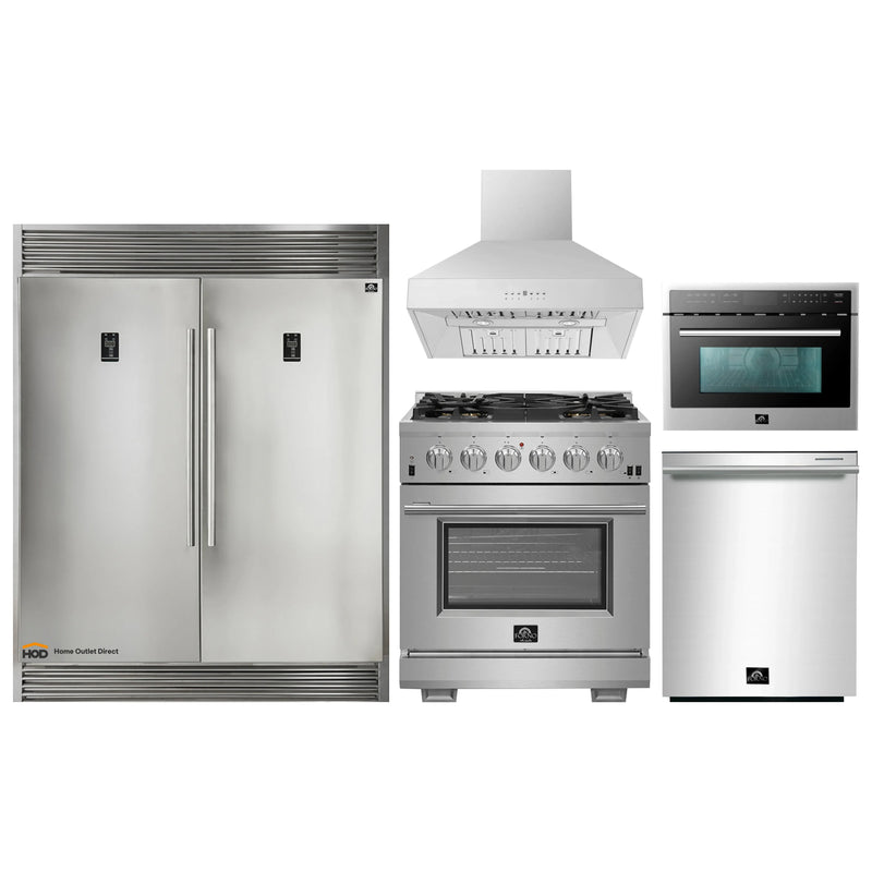 Forno 5-Piece Pro Appliance Package - 30-Inch Gas Range, 60-Inch Pro-Style Refrigerator, Wall Mount Hood, Microwave Oven, & 3-Rack Dishwasher in Stainless Steel