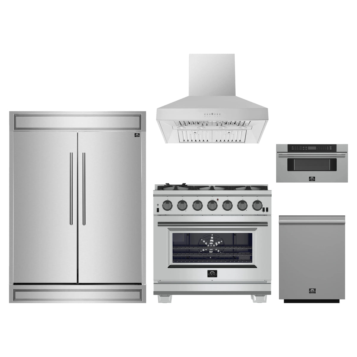 Forno 5-Piece Pro Appliance Package - 36-Inch Gas Range, 60-Inch Pro-Style Refrigerator, Wall Mount Hood, 30-Inch Microwave Drawer, & 3-Rack Dishwasher in Stainless Steel