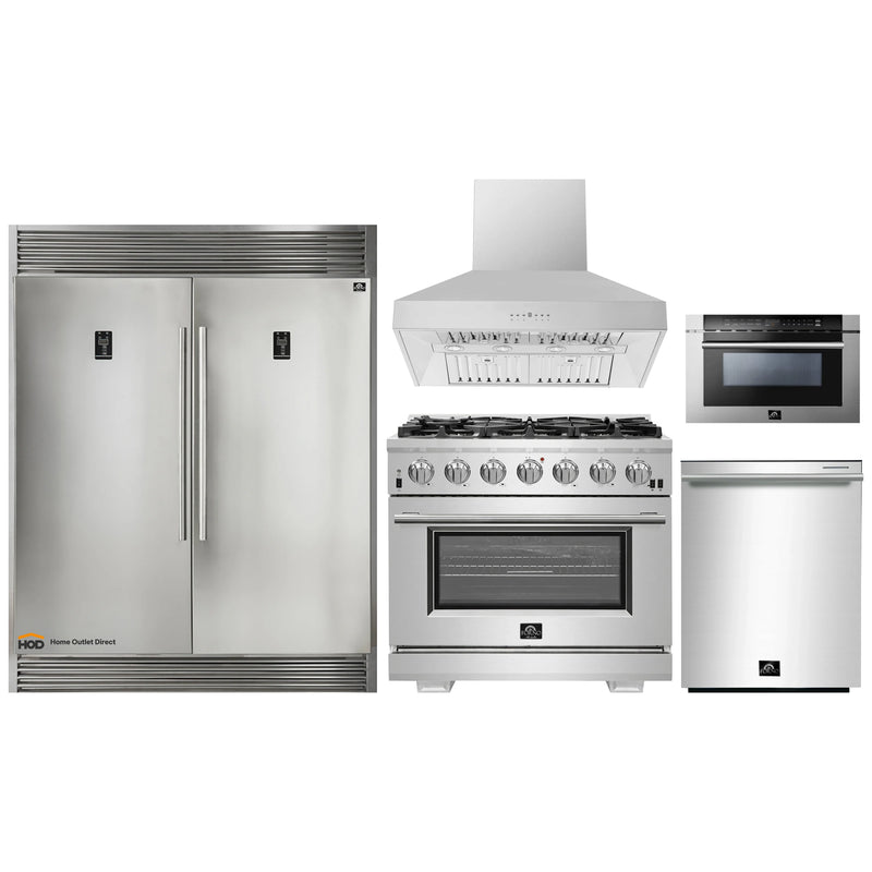 Forno 5-Piece Pro Appliance Package - 36-Inch Gas Range, 60-Inch Pro-Style Refrigerator, Wall Mount Hood, Microwave Drawer, & 3-Rack Dishwasher in Stainless Steel