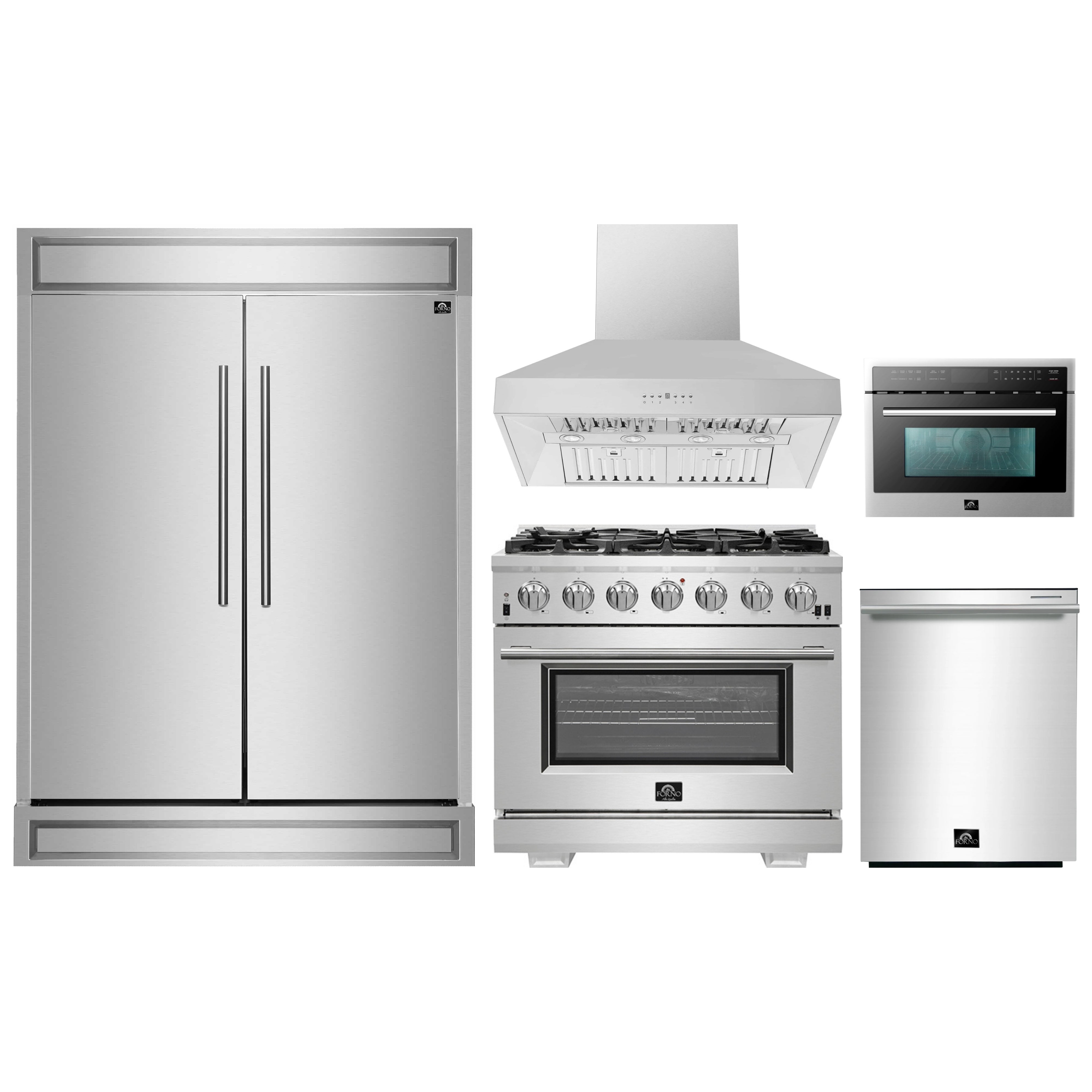 Stainless steel appliance bundle: fridge, gas range, hood, microwave, dishwasher